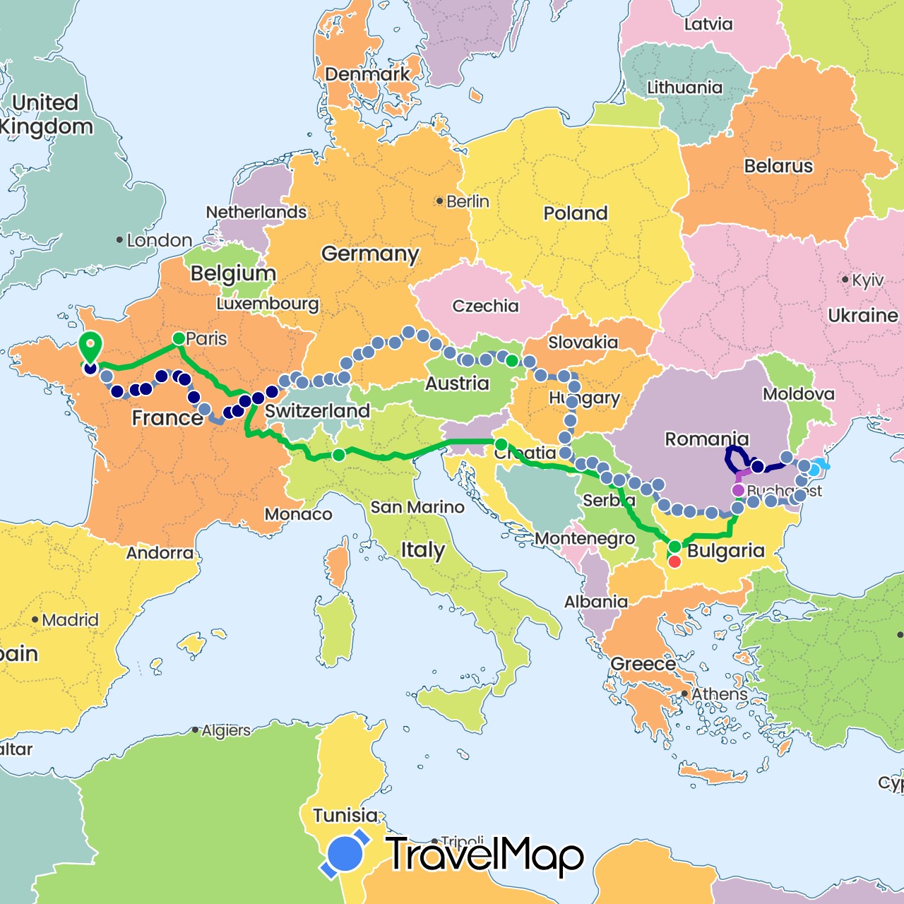 TravelMap itinerary: driving, bus, plane, cycling, train, hiking, boat in France (Europe)