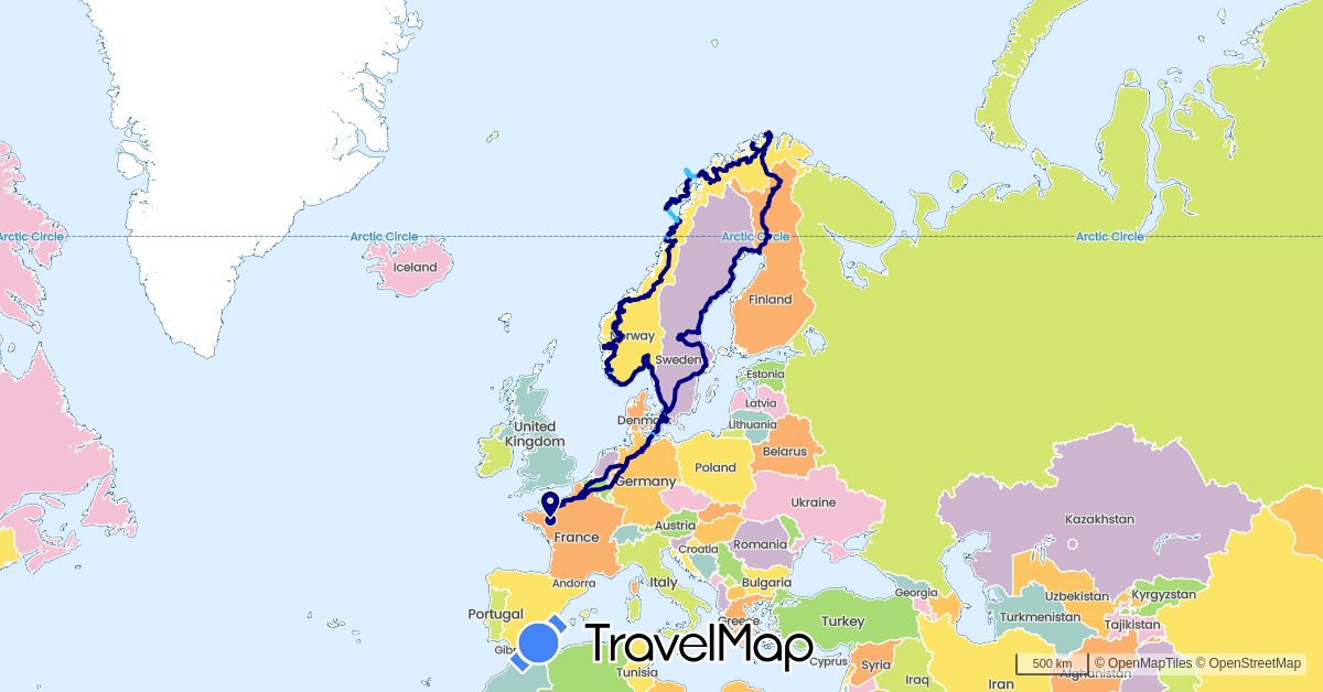 TravelMap itinerary: driving, hiking, boat in Belgium, Germany, Denmark, Finland, France, Norway, Sweden (Europe)