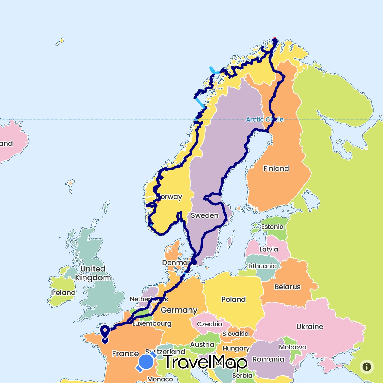 TravelMap itinerary: driving, hiking, boat in Belgium, Germany, Denmark, Finland, France, Norway, Sweden (Europe)