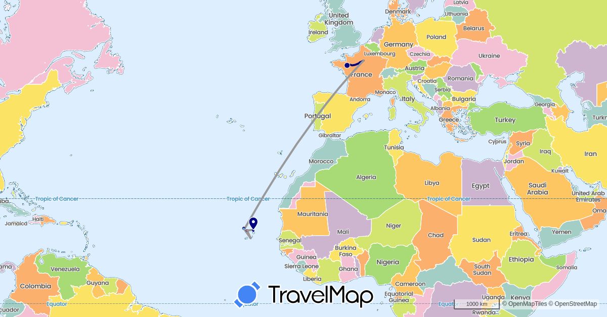 TravelMap itinerary: driving, plane, hiking, boat in Cape Verde, France, Portugal (Africa, Europe)