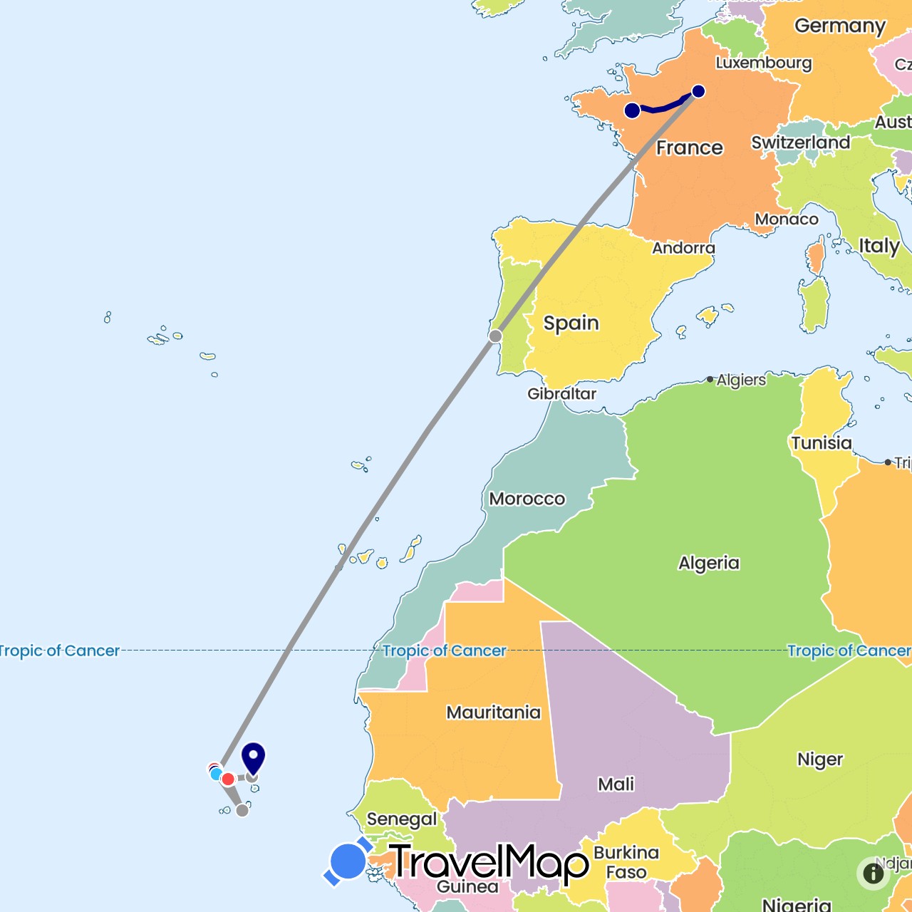 TravelMap itinerary: driving, plane, hiking, boat in Cape Verde, France, Portugal (Africa, Europe)