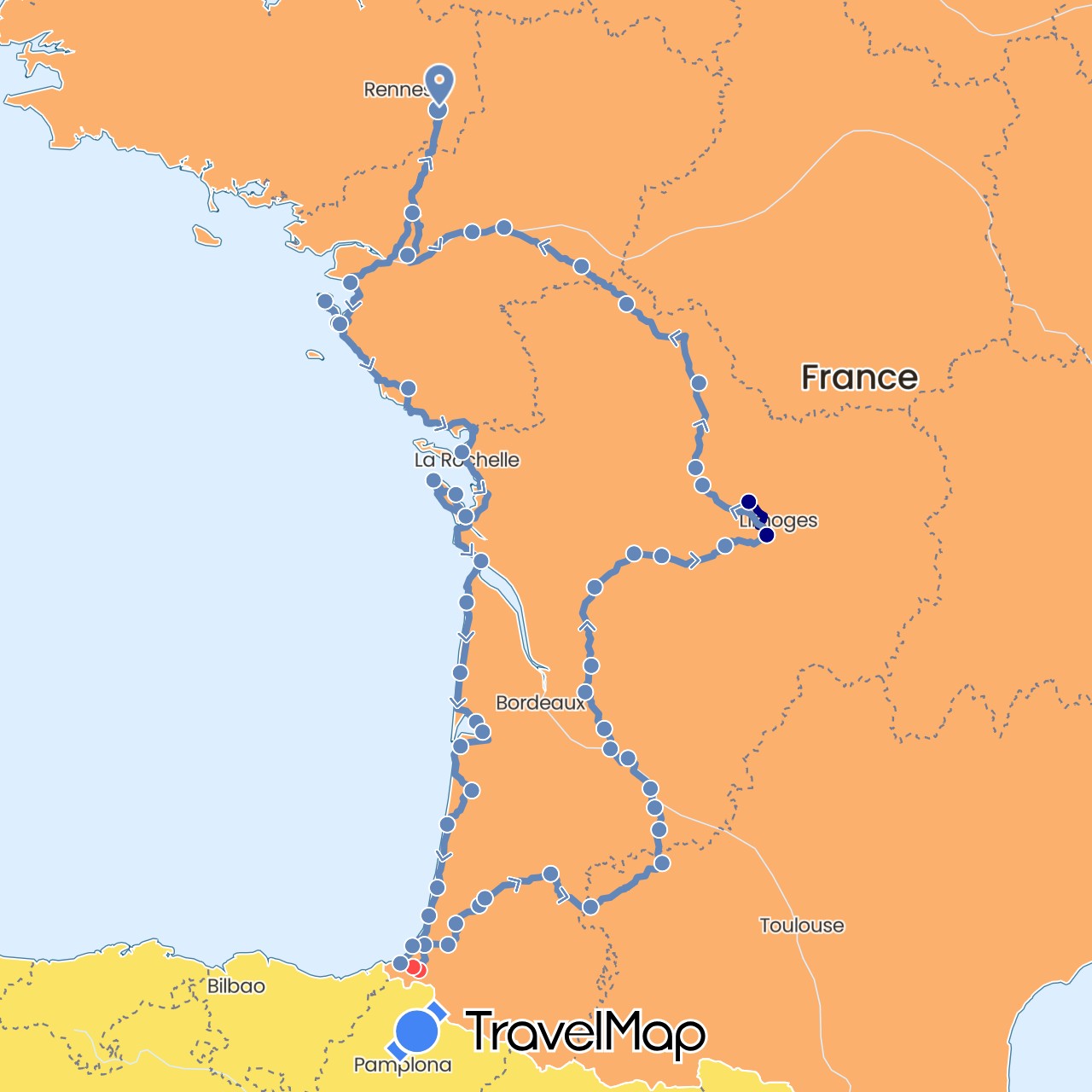 TravelMap itinerary: driving, cycling, hiking in France (Europe)