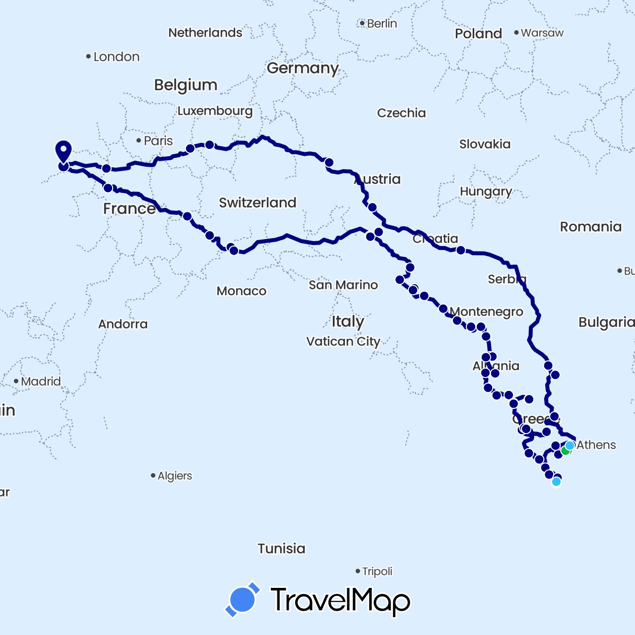 TravelMap itinerary: driving, bus, cycling, hiking, boat in Albania, Austria, Germany, France, Greece, Croatia, Italy, Montenegro, Slovenia (Europe)