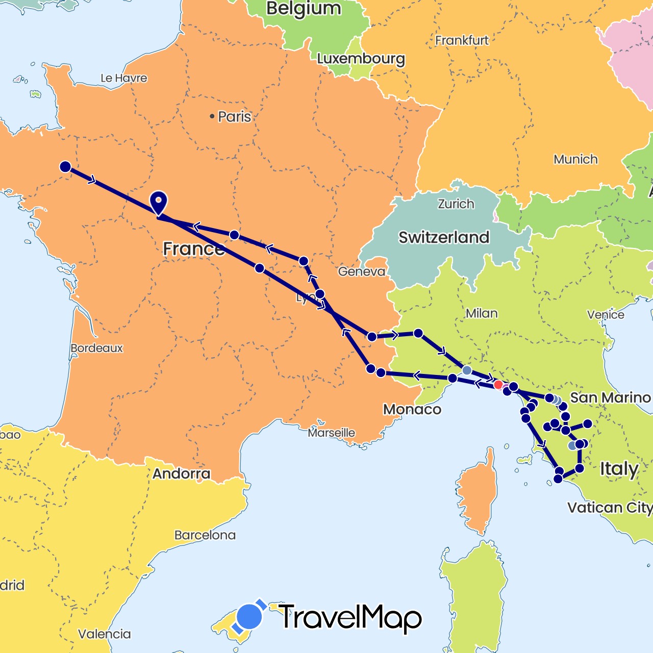 TravelMap itinerary: driving, cycling, train, hiking in France, Italy (Europe)